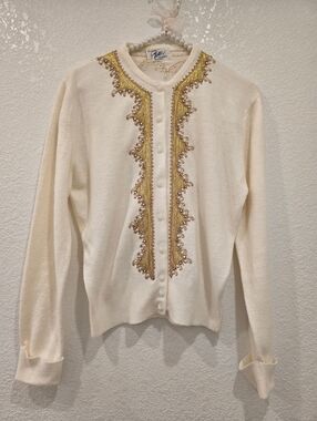Vintage TOBI Of California 1950's Beaded  Cardigan Cream Gold
